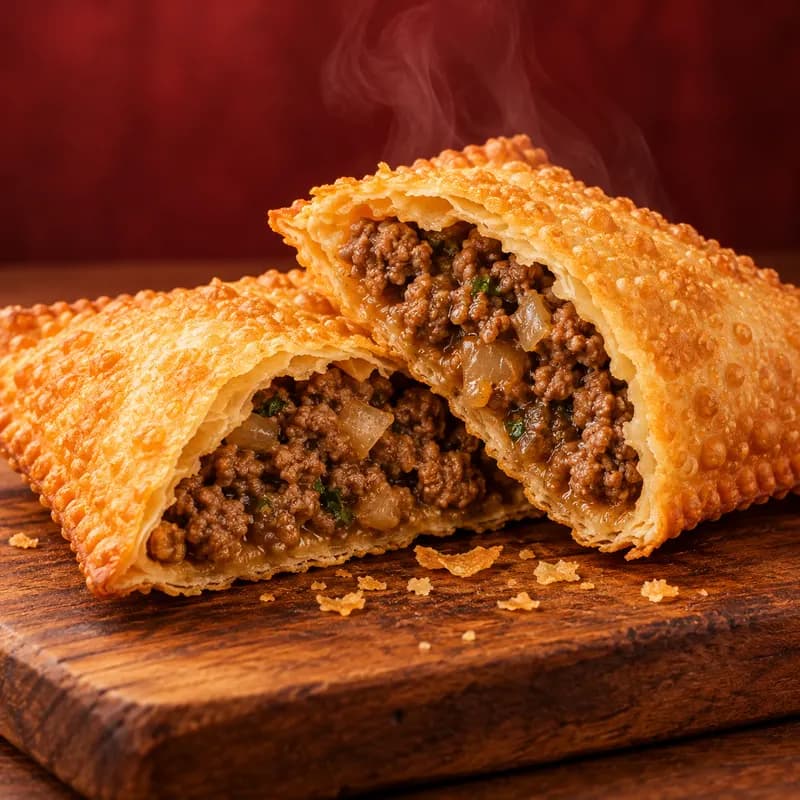 Pastel de carne moída aberto sobre tábua de madeira