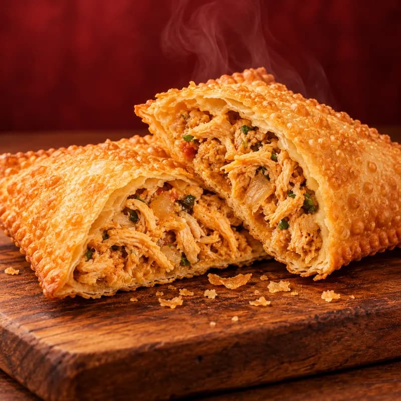 Pastel de frango desfiado aberto