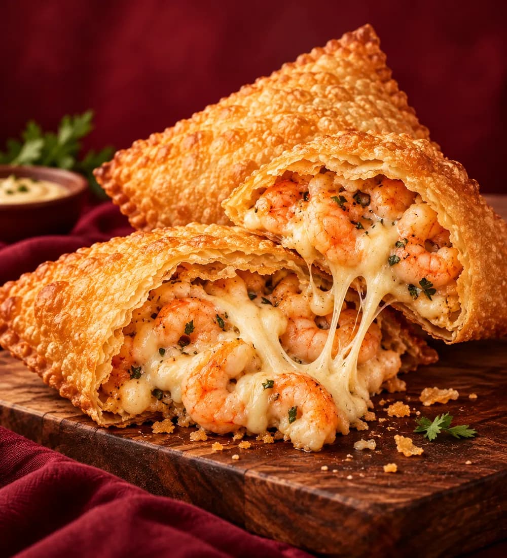 Dois pastéis de camarão abertos sobre tábua de madeira