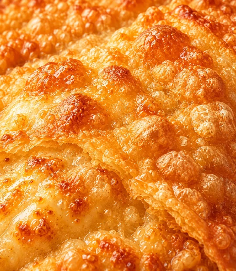 Textura da massa frita, dourada e cheia de bolhas